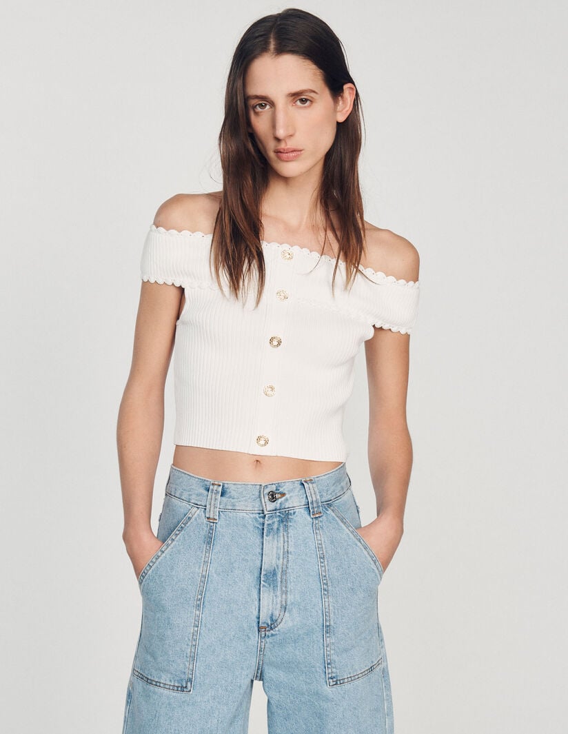 Knitted Crop Top Off shoulder(White)