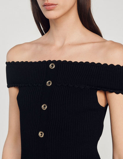 Knitted Crop Top Off Shoulder(Black)