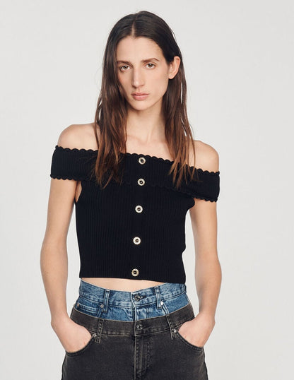 Knitted Crop Top Off Shoulder(Black)